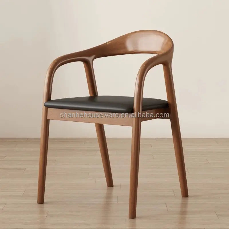 Nordic Modern Minimalist Accent Chair Solid Wood Dining Chair with Leather Seat and Armrest for Home Office or Bathroom Use