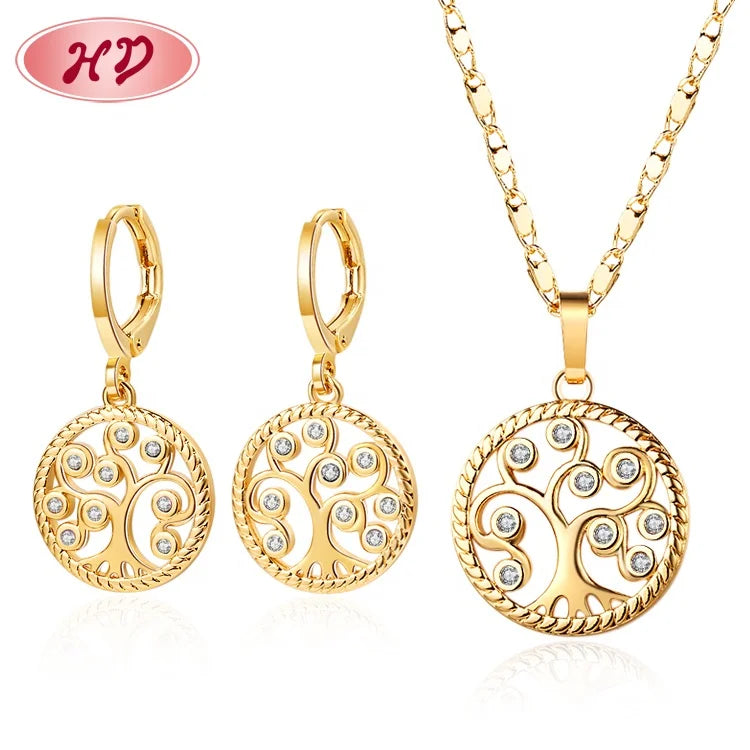Hot Selling Jewelry 18k Laminated Gold Cubic Zircon Elegant Earring Necklace Tree of Life Fashion Joyas Sets for Women