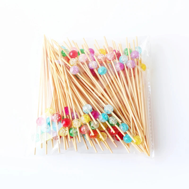 J&M Wholesale Eco-Friendly Disposable Bamboo Cocktail Fruit Skewers Picks Glass Beads Parties Restaurants Jigger Muddler
