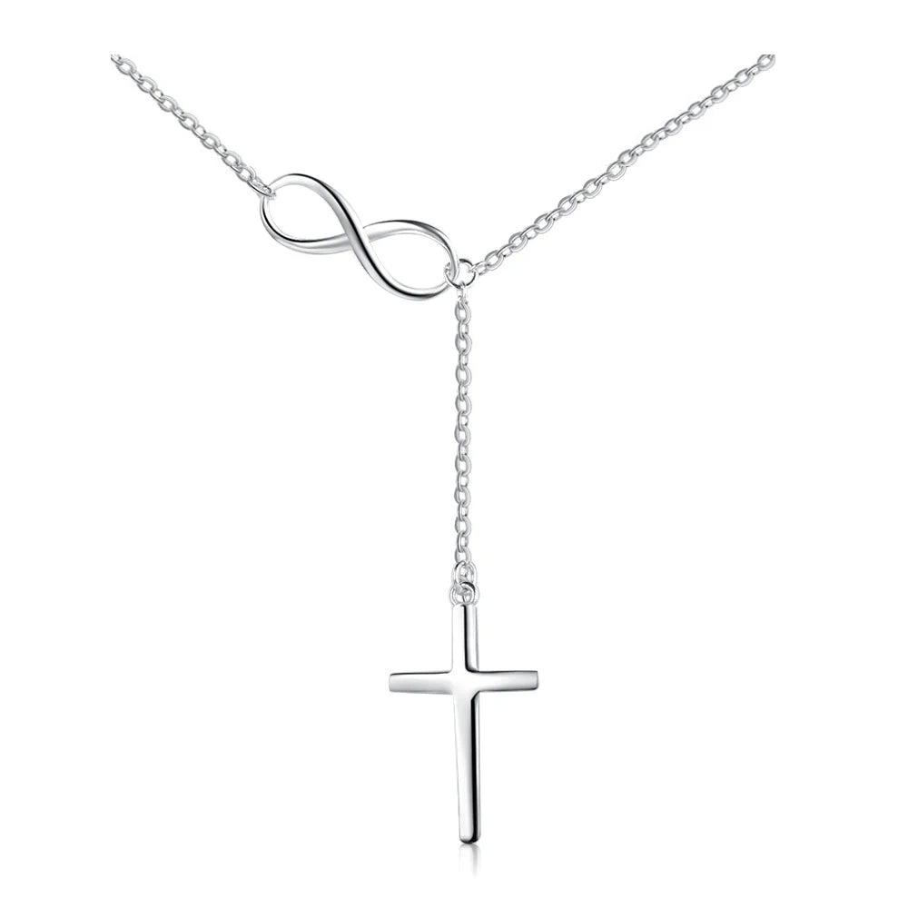 Women's Trendy 925 Sterling Silver Infinity Cross Lariat Necklace Minimalist Link Chain Jewelry Rhodium Plating Christian Symbol