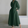 S-5XL Temperament Commuting Cotton Linen Clean Color Lapel/POLO Collar Shirt Sleeve Elastic Waist Swing Dress With Pocket Dress