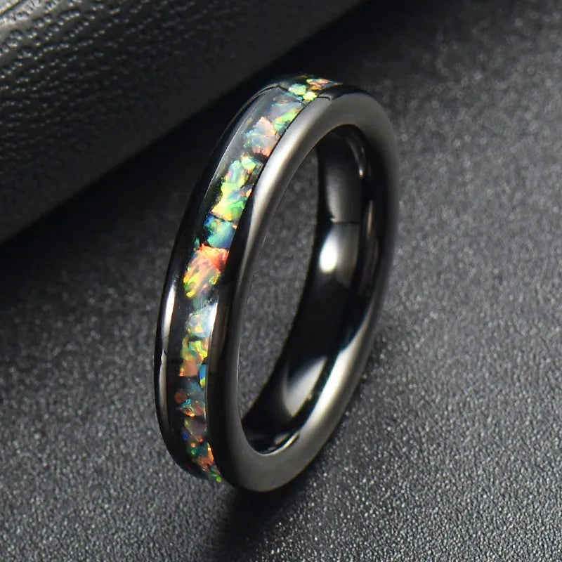 Poya 4mm Polish Finish Domed Coloful Fire Opal Inlay Black Tungsten Ring