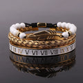 18K Gold Plated Stainless Steel White Enamel Roman Numeral Bangle White Stone CZ Crown Leaf Bracelet Set Men Women JBS12445