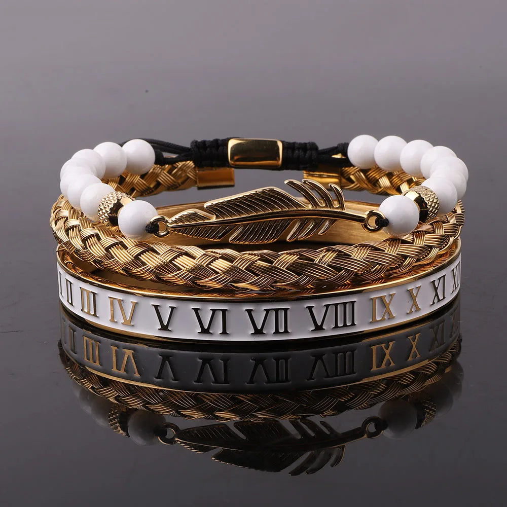 18K Gold Plated Stainless Steel White Enamel Roman Numeral Bangle White Stone CZ Crown Leaf Bracelet Set Men Women JBS12445