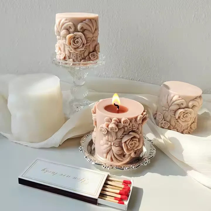 Vine Rose Cylindrical Silicone Candle Mold Handmade Romantic  Flower Carved Scented Gypsum Soap Mold for Valentine's Day Gifts