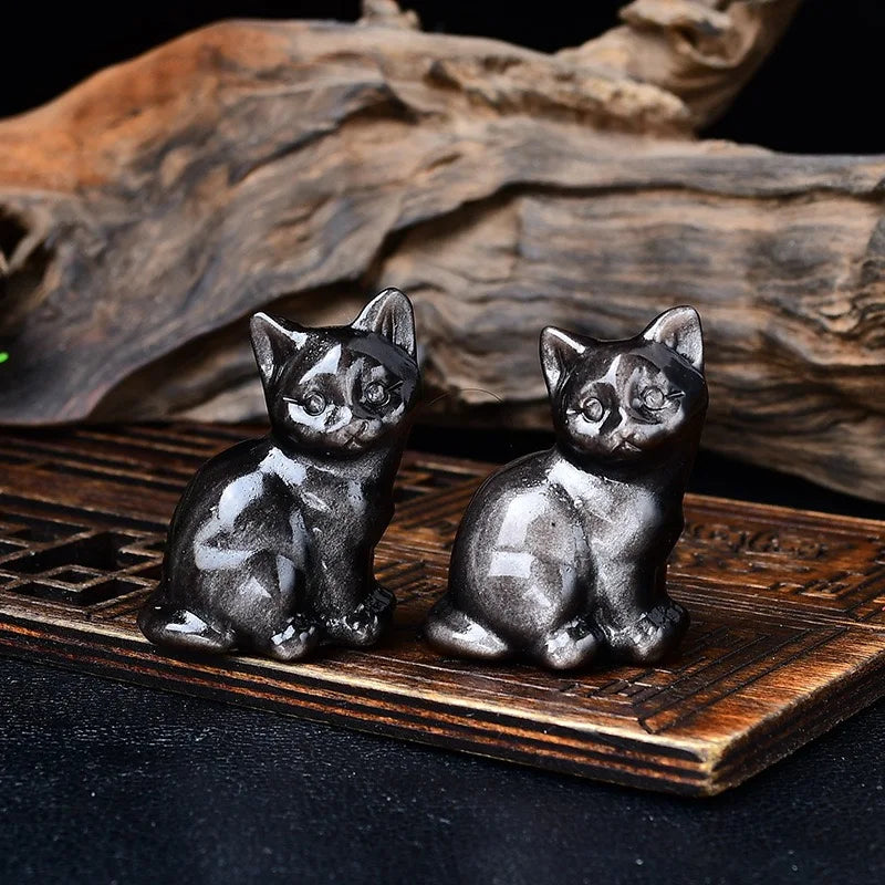 Natural Silver Obsidian Kitten Ornament Black Obsidian Rough Stone Carving Tilted Head Cat Figurine for Home Living Room Desk