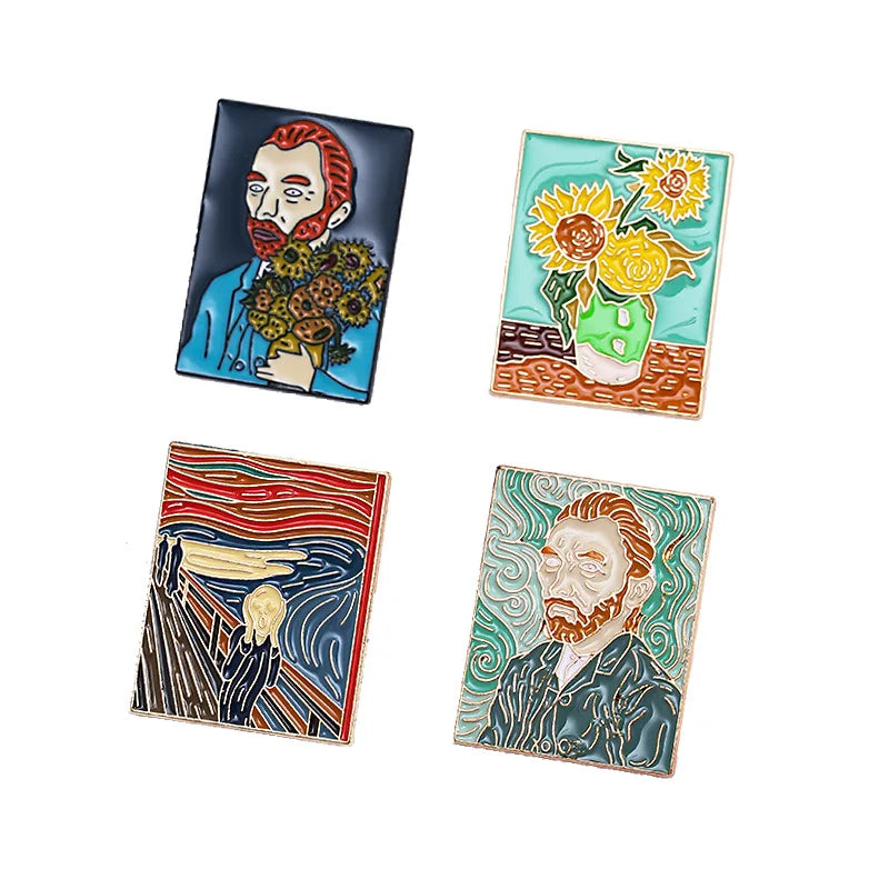Van Gogh's Oil Painting Vintage Art Brooch Cartoon Celebrity Painting Sunflower Pins Clothing Accessories Lacquer Metal Badges