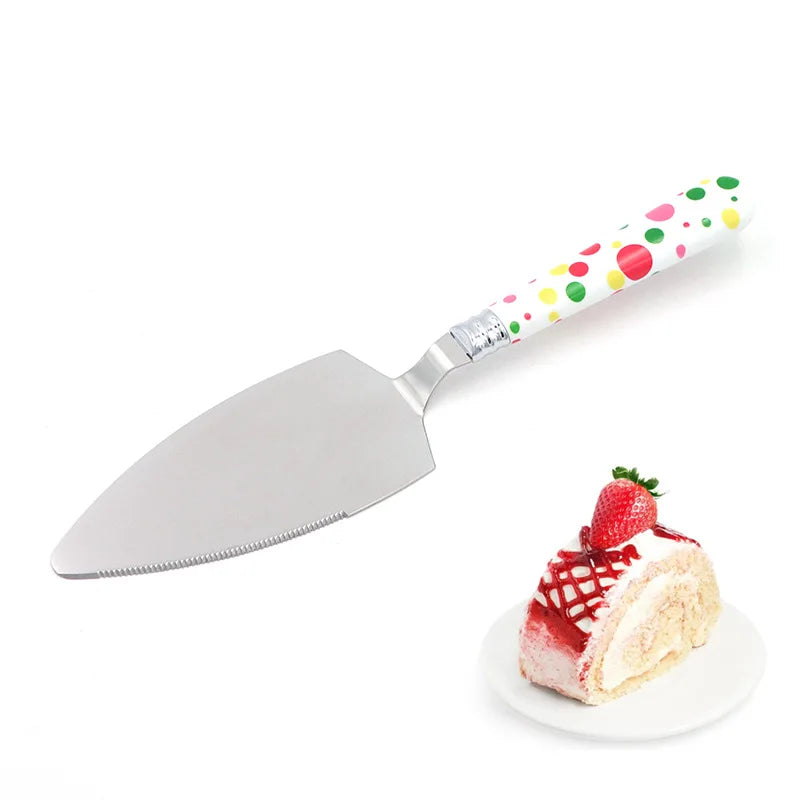 Color Polka Dot Plastic Abs Handle Stainless Steel Triangle Cake Server and Knife Set With Teeth