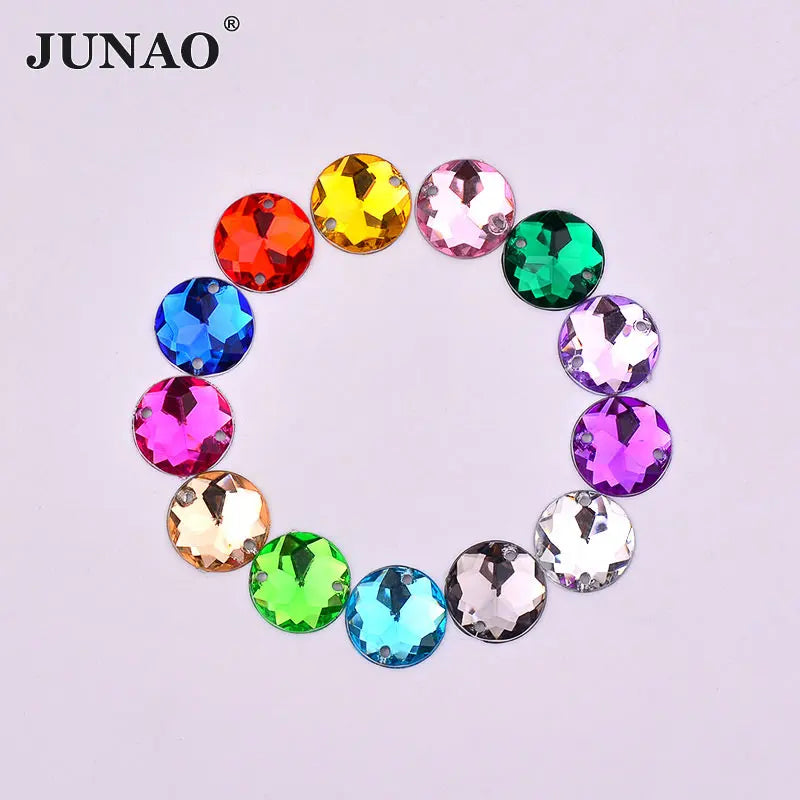 JUNAO 12mm Sew on Round Rhinestones Clear AB Flat Back Acrylic Gems With Hole Sewing Crystal Stones for DIY Crafts