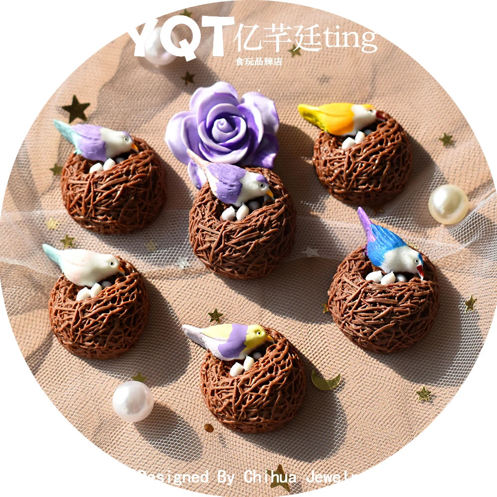 Colourful Birds With Nest Flat Back Resin Charms Fairy Garden Miniatures Small Statue Figurine Ornament for DIY Phone Decoration