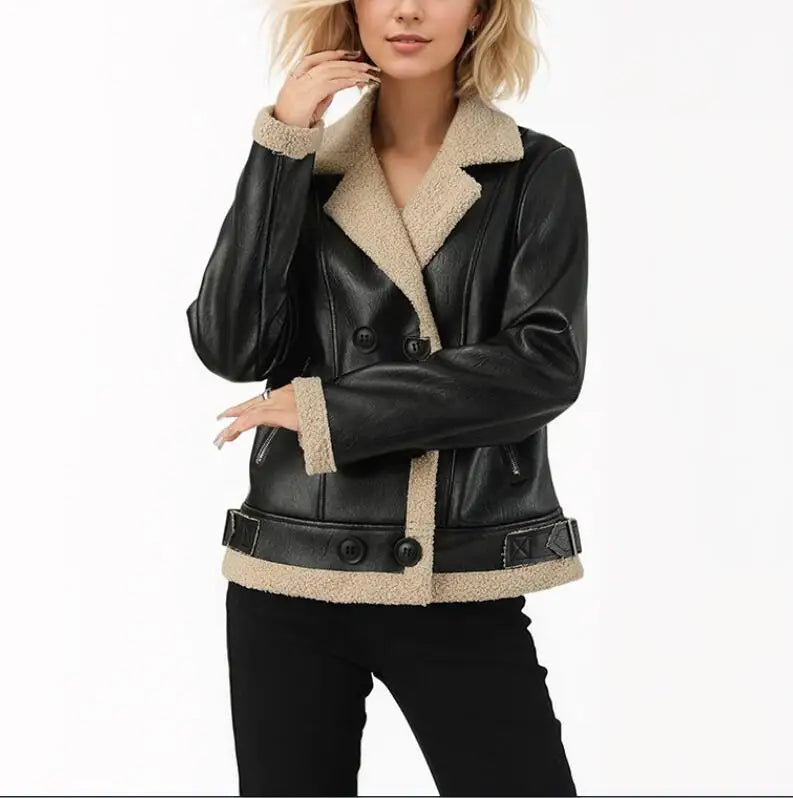 Women's Vintage Pu Leather Jackets Plus Size Lapel Long Sleeve Padded Leather Jackets Retro Windbreak Bomber Jacket