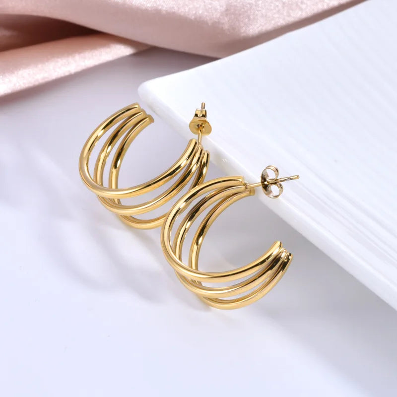 Hoop Earring 18K Gold Plated Stainless Steel Three Line Tube Circle Round Studded Hoop Earrings Triple Hoop Earrings