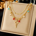 Stainless Steel Colorful Stone Ball Beaded Stars Pendant Necklace Bracelet SetFor Women New Multilayer Choker Chain Jewelry Gift
