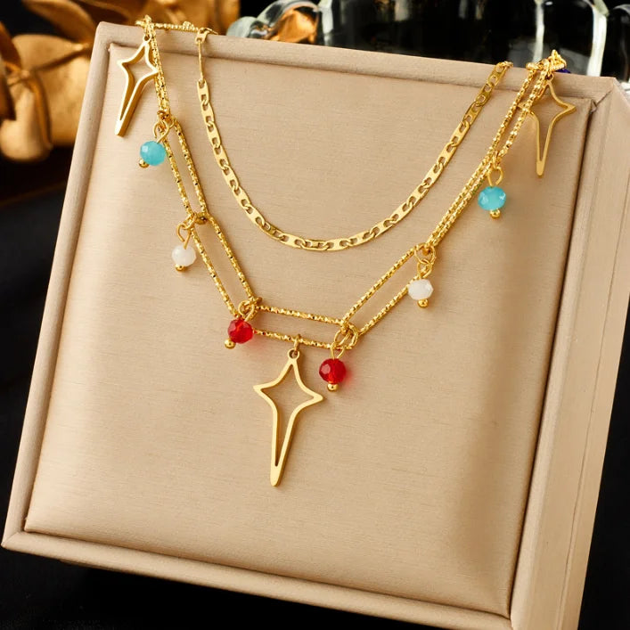 Stainless Steel Colorful Stone Ball Beaded Stars Pendant Necklace Bracelet SetFor Women New Multilayer Choker Chain Jewelry Gift