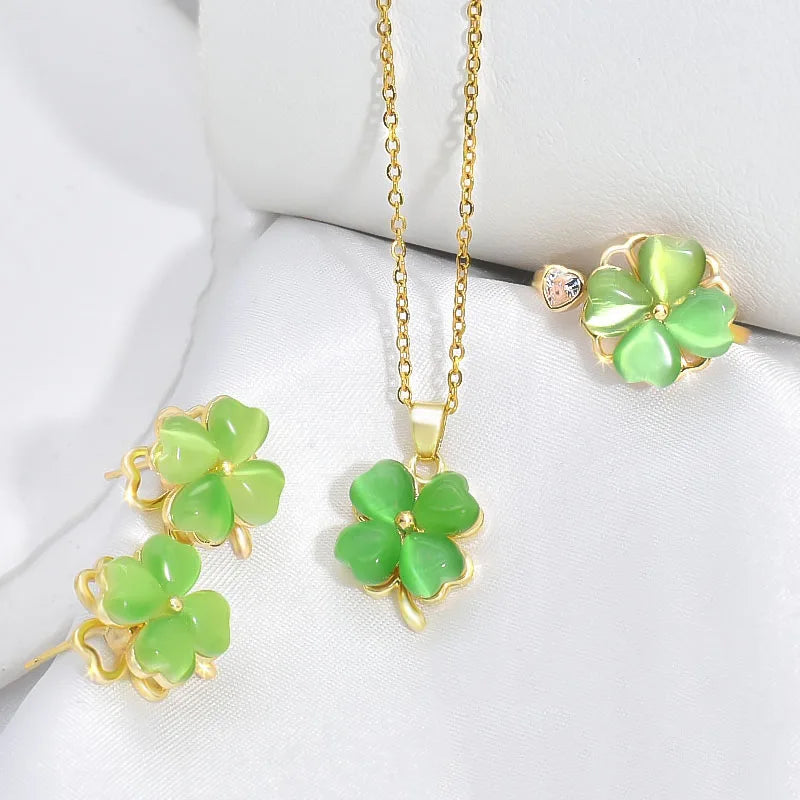 Minimalist Stainless Steel Chain Jewelry Set Fidget Green Cat's Eye Heart Jewelry Set Rotatable Four Leaf Clover Jewelry Set