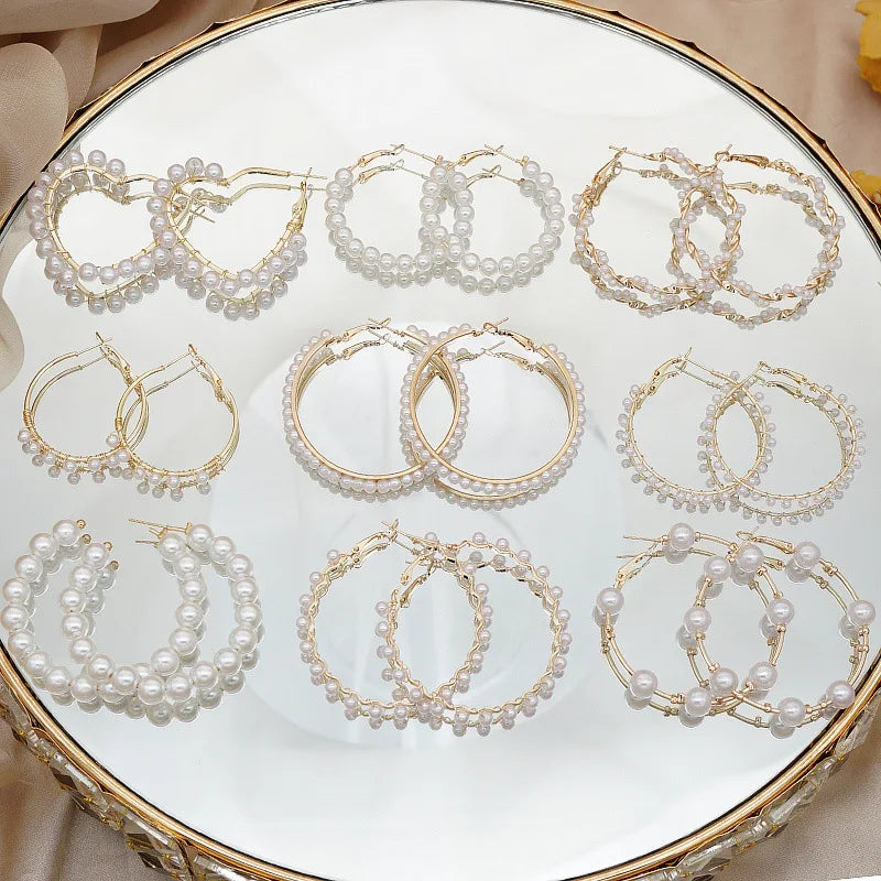 New Hot Sale 9 Pairs Faux Pearl Lightweight Open Large Circle Dangle Drop Earrings Gift for Women and Girl