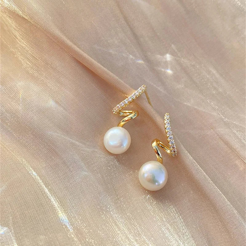 Korean Style Women Gold Plated Pearl Ear Studs Fashion Warp Rhinestone Pearl Earrings