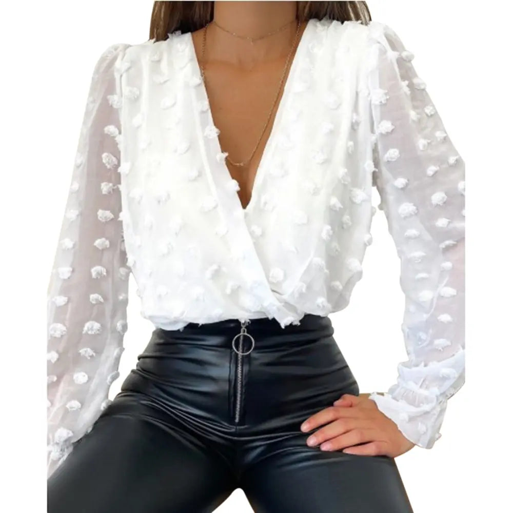 Women Deep V Neck Top White Jacquard Fashion Shirt Female Long Sleeve Chic Shirt Sexy Polka Dot Solid Color Mesh Blouses