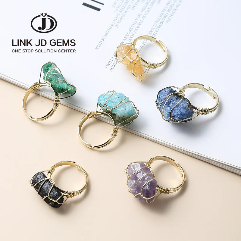 New Design Healing Crystal Rings Adjustable Size Natural Crystal Rough Stone Copper Electroplating Fuchsia Crystal Ring