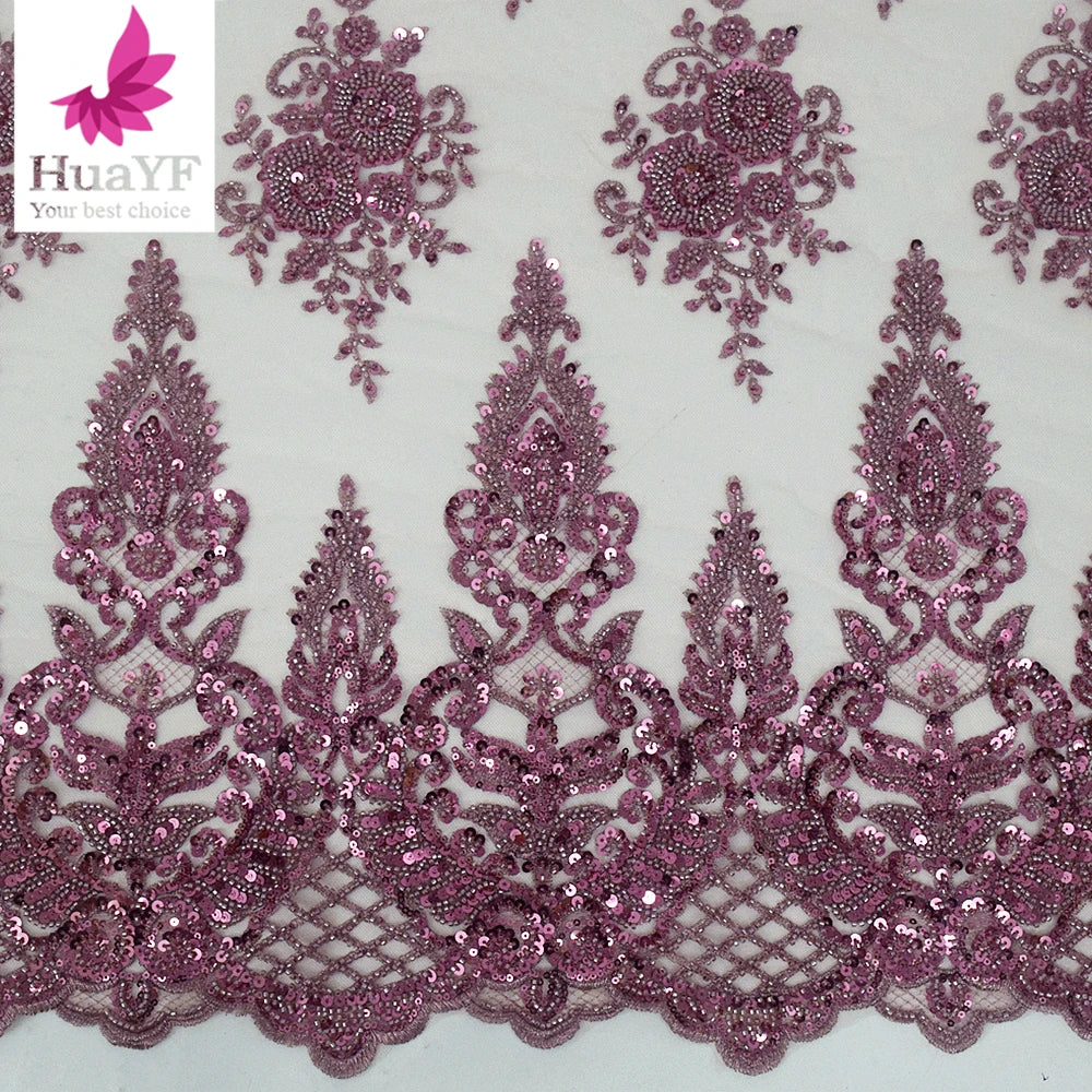 HY2372 Popular Wholesale Same Side Embroidered Lace With Beads Sequins Romantic Bridal Wedding Fabric