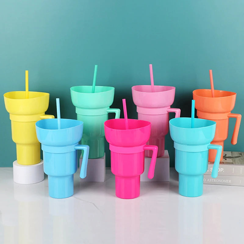 Custom logo 32oz Stadium Tumbler Mainstays Plastic Snack-and-drink Cup Popcorn Chips Cola Mug Cup with Snack Tray Bowl Straw
