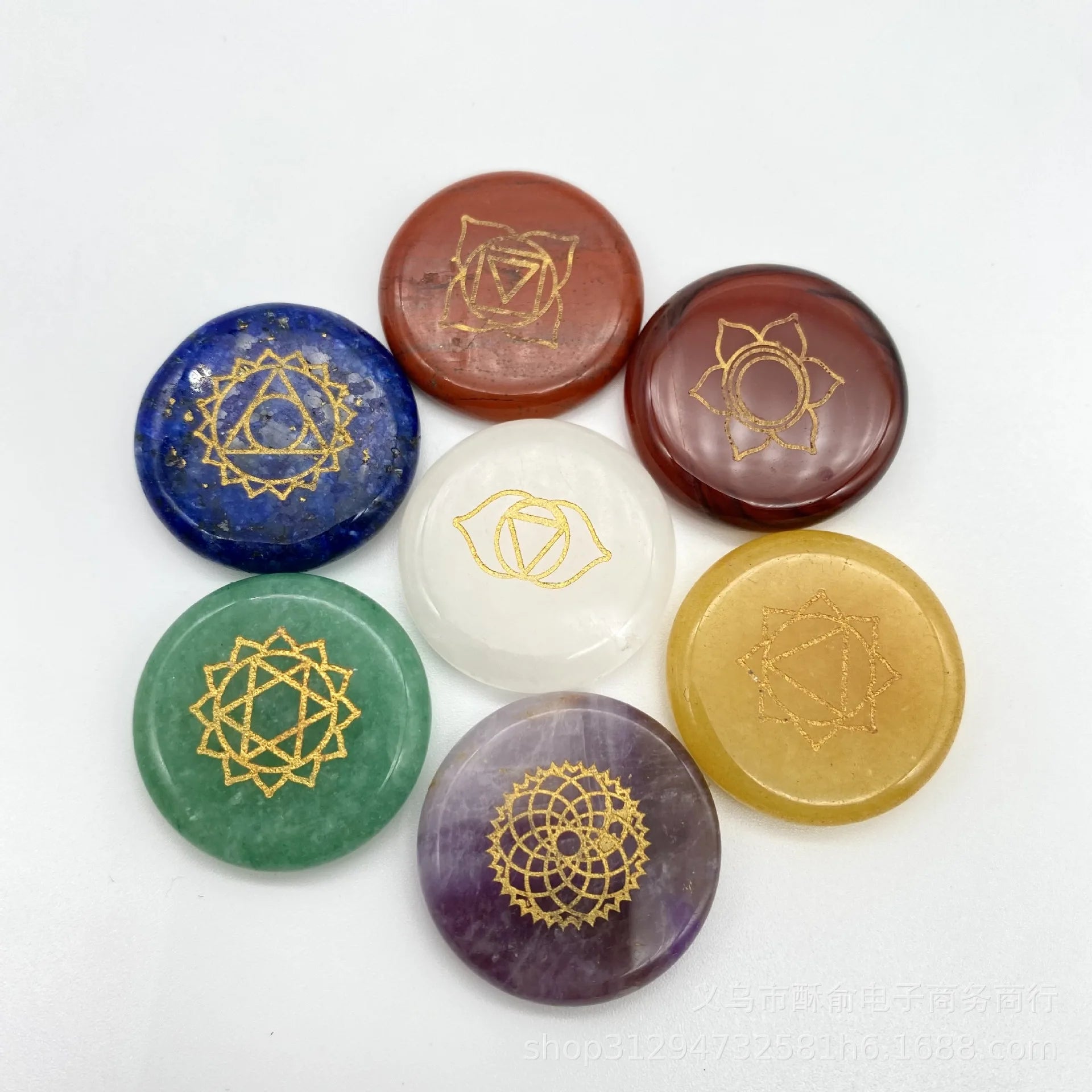New Natural Crystal Chakela Gemstone Set with 7-color Polished Feng Shui Yoga Stone Carving Symbols Wholesale