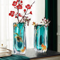 Enamel Lotus Goldfish Decorative Vase Light Luxury Blue Crystal Glass Vase Home Decor Cloisonne Flower Vase for Table Decoration
