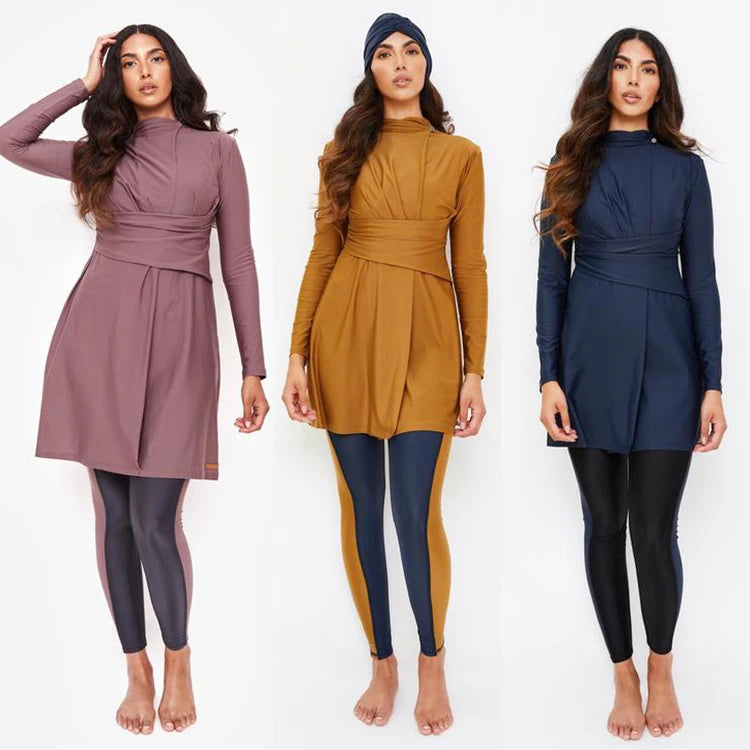 MOTIVE FORCE 3PCS 4 Styles New Design Islamic Swimwear Round Neck Long Sleeve Slim Fit Burkini Muslim Swimwear Women