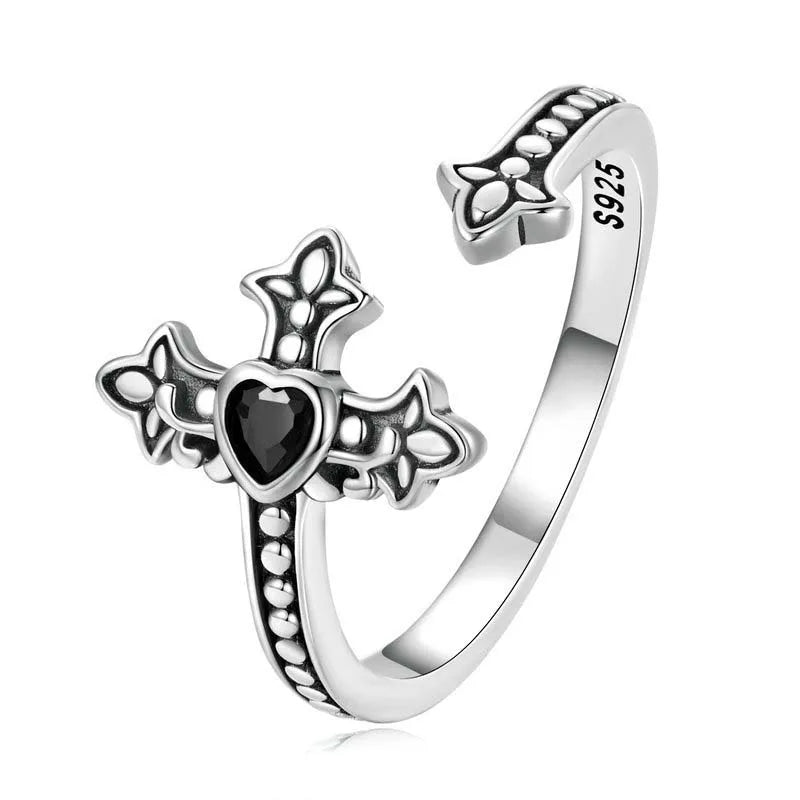 Gothic Hip Hop Women's Bulk Cross Ring 925 Silver Single Black Stone Designs for Men Gemstone Cross Ring