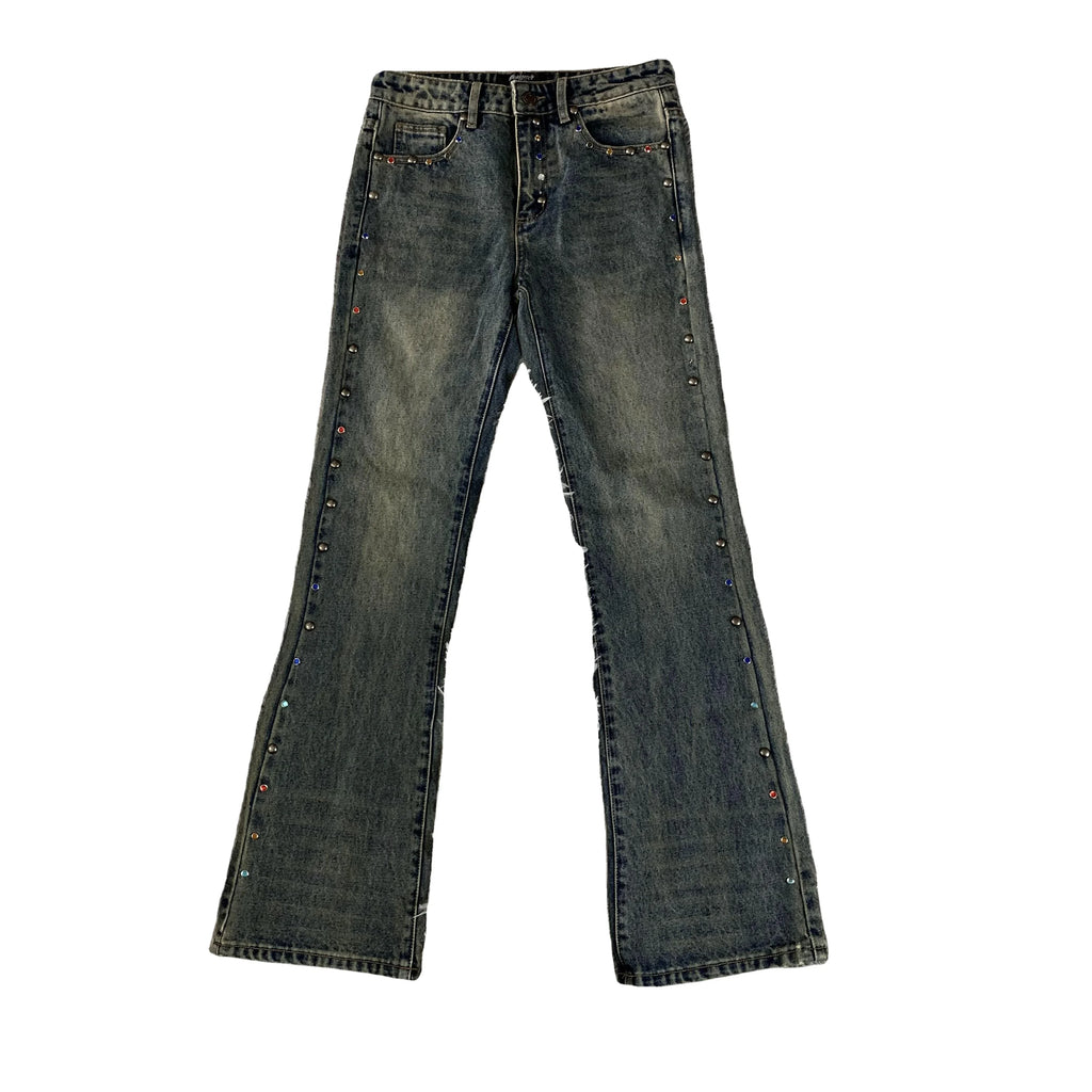 Fashion Men's High Street Fashion Washed Denim Bootcut Pants Men Blue Retro Cowboy Flared Jeans With Metal Stud Decorate