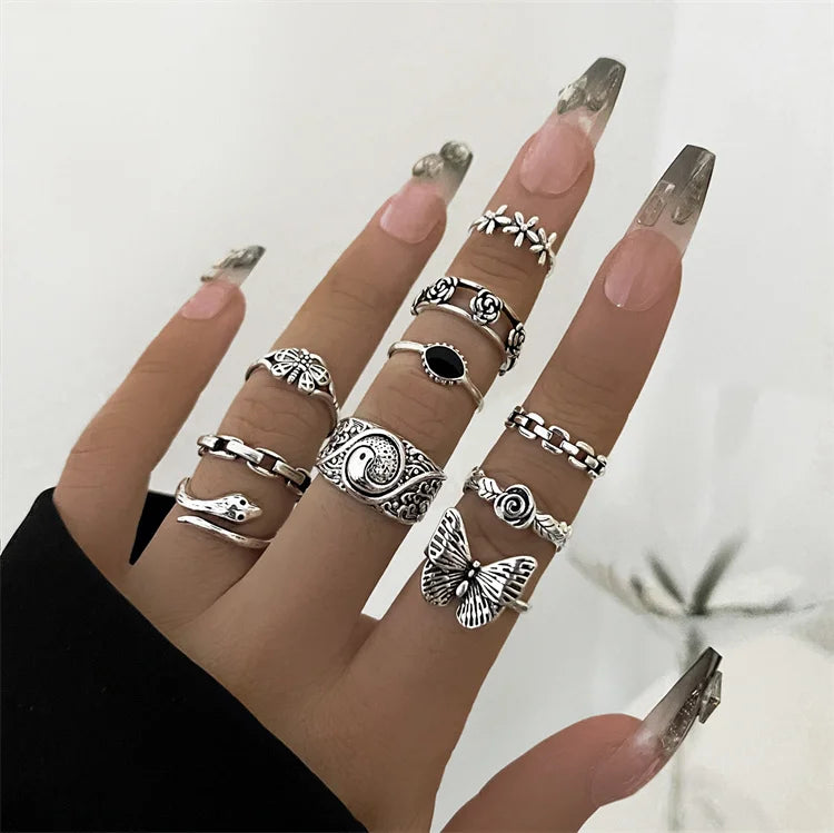 Hot Sale 14 Pcs/ Set Retro Personalized Trendy Moon Star Flower Embossed Elephant Rings Set for Women