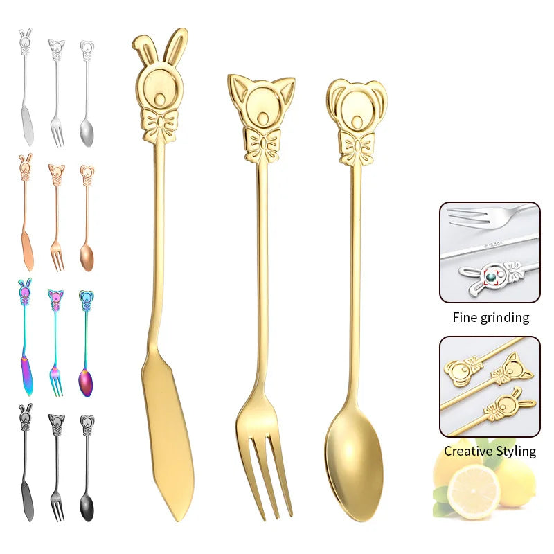 304 Creative Cartoon Fork Spoon Knife Set Stainless Steel Flatware Set Cute Coffee Stirring Spoon Gold Cutlery Set