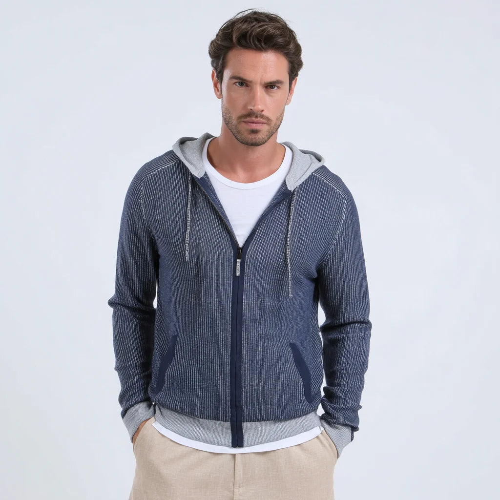 Men's Waffle Knit Hoodie 100% Cotton Full Zip Sweater Long Sleeve Textured Hooded Jacket
