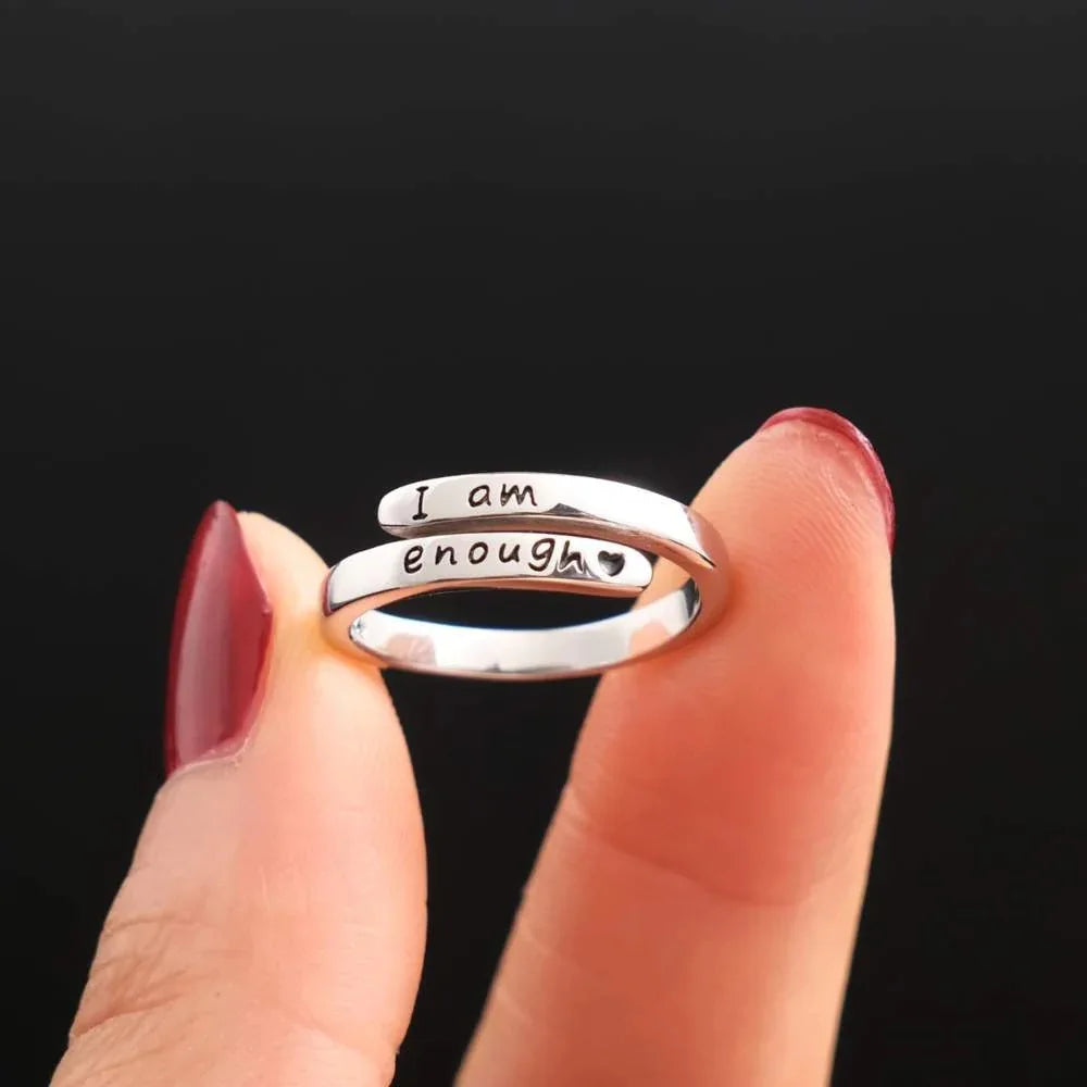 Sterling Silver Ring Inspiration Jewelry Gift for Women "I Am Enough" Classic Engraved Rings Spiral Wrap Twist Adjustable Ring