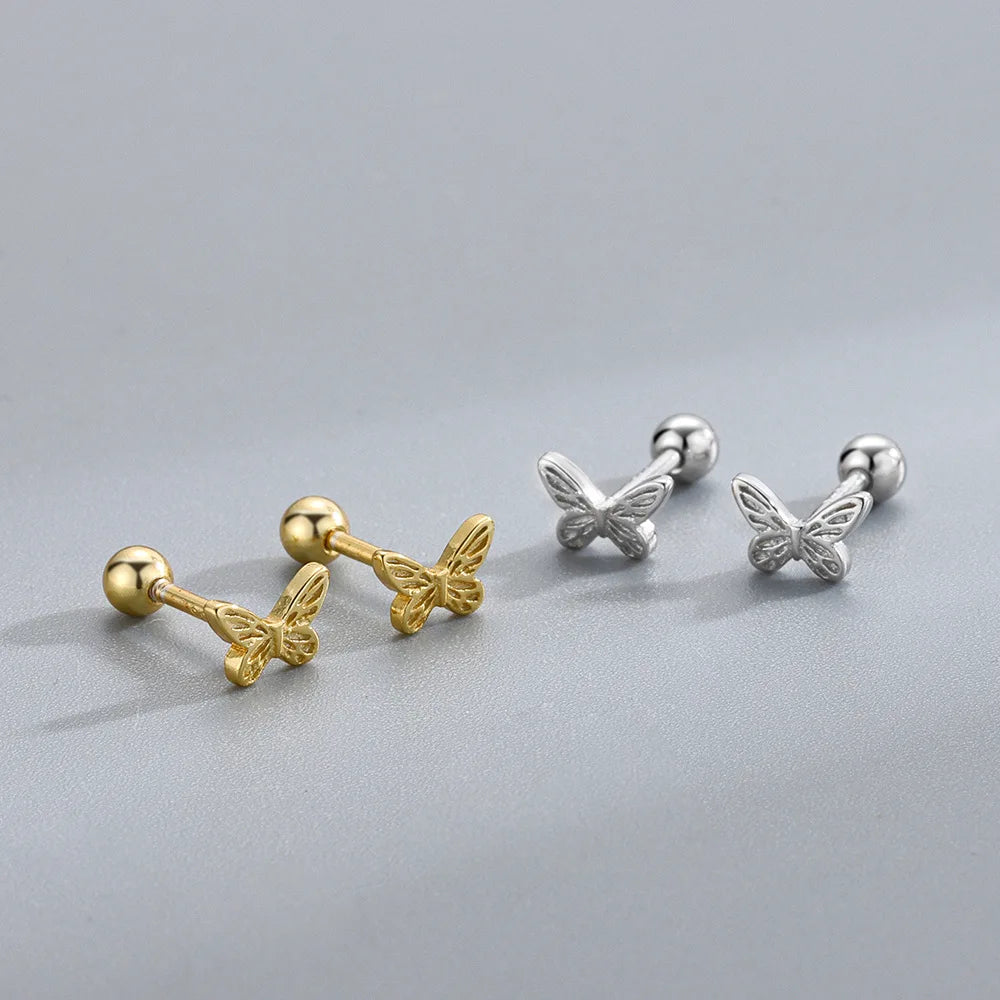 Exquisite Gold Plating Sterling Silver Texture Butterfly Stud Earrings S925 Silver Screw Butterfly Earring for Girl