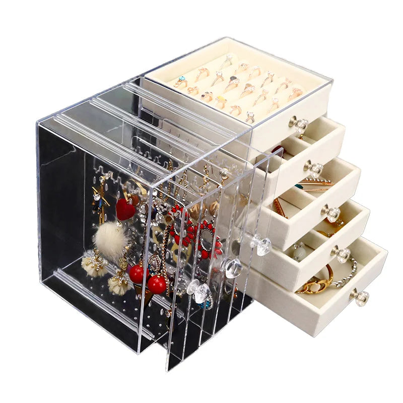 Wholesale Drawer Type Table Top Jewelry Box Dust-Proof Flannel Cloth Hanging Necklace Earrings and Ring Storage