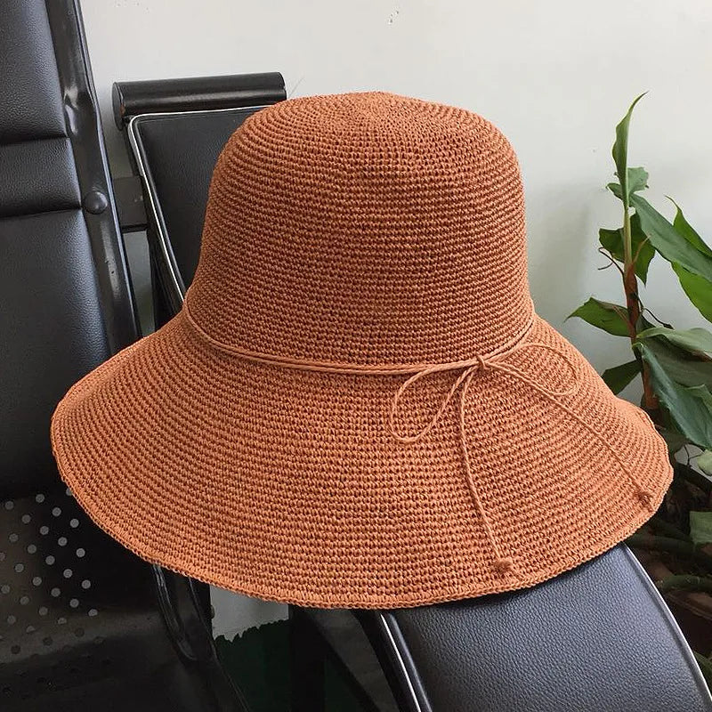 Wholesale Summer Luxury Fine Toyo Paper Straw Hand Crocheted Lady Sun Hat Foldable Packable Women Straw Bucket Hat