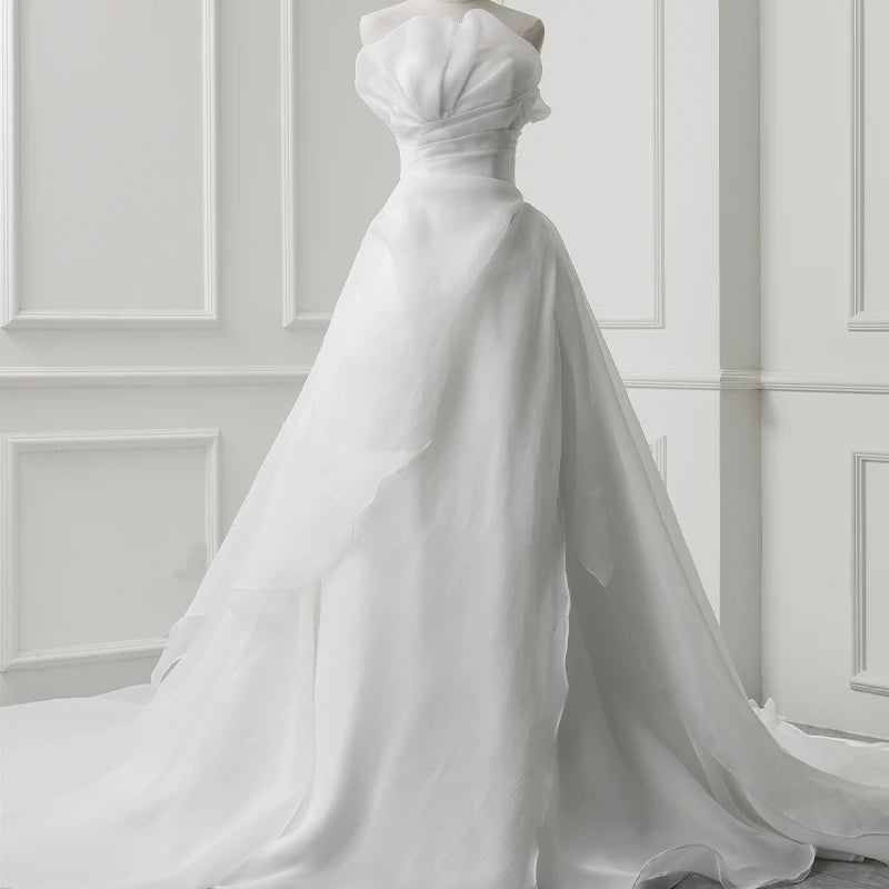 Jancember QD06197 Classic Organza Strapless Sleeveless Chapel Train Wedding Dress
