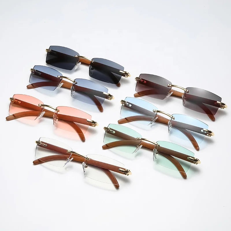 Rimless Wood Temple Sunglasses Fashion Wholesale UV400 Sunshades for Men