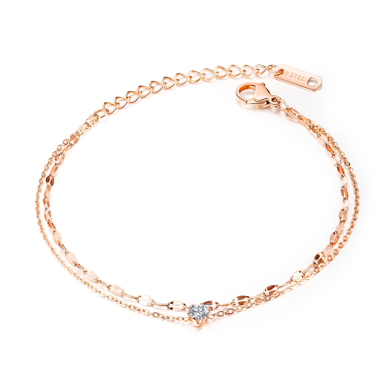 Minimalist Rose Gold Titanium Plated Stainless Steel Double Layer Crystal Rhinestone Chain Anklet Charm Layered Fashionable
