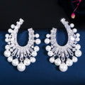 Elegant Big Dangling Drop Pearl Cubic Zirconia Earrings for Women Silver Plated Trendy Engagement Wedding Party Jewelry Gift