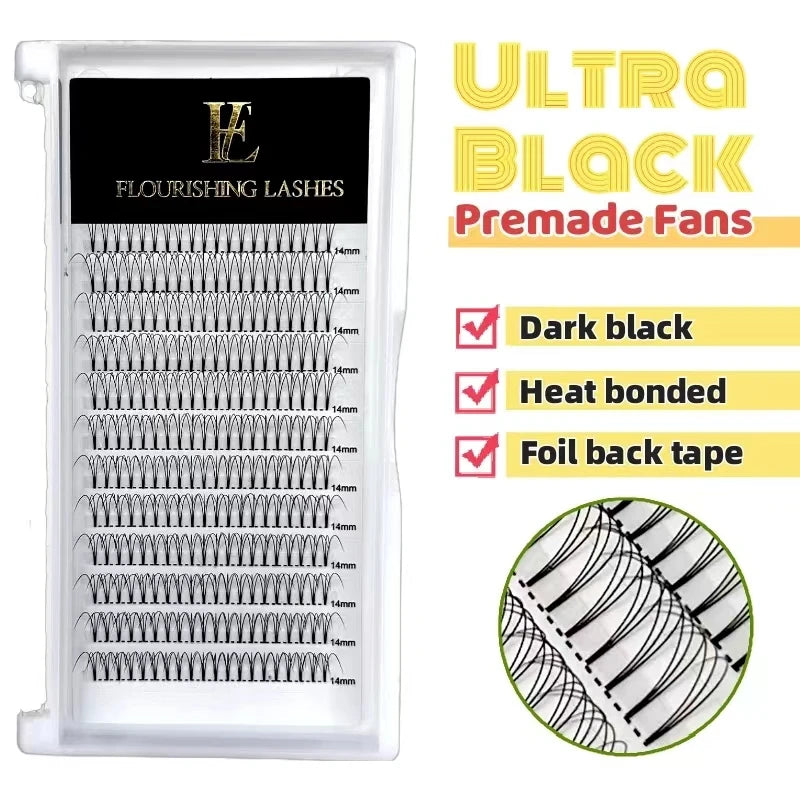 Heat Bonded Ultra Black Color Short Stem Premade Volume Fans 3D Eyelash Extensions