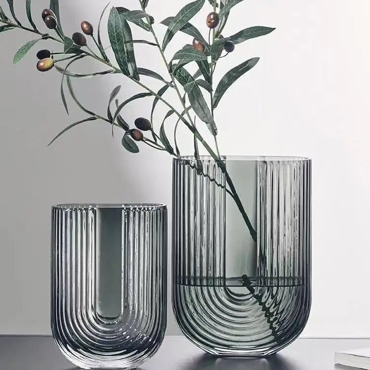 China Home Decor Wholesale New Style Hand Made Clear Transparent Gray Decorative U Shaped Smoked Glass Vase