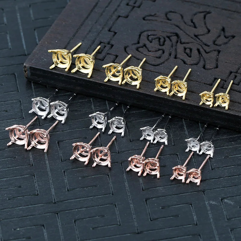 Diy 4mm 5mm 6mm 7mm 925 Sterling Silver Four Claws Bezel Earrings Post Ear Stud Blanks Setting Jewelry Findings