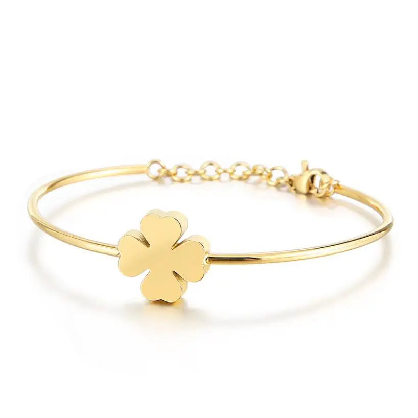 Adjustable Girls Love Stainless Steel Lucky Four Leaf Clover Bracelet Bangle