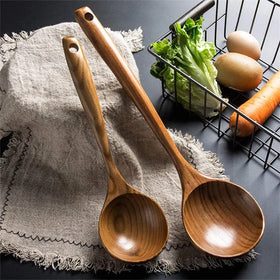 2 Pcs Wooden Spoon Ladle Utensils Spoons-14 Inch Long Kitchen Cooking Spoon & 11 Inch Best Serving Soup Spoon Set