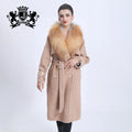 Women Long Overcoat Luxury Red Fox Fur Silver Fur Collar Wool Cashmere Fur Coat