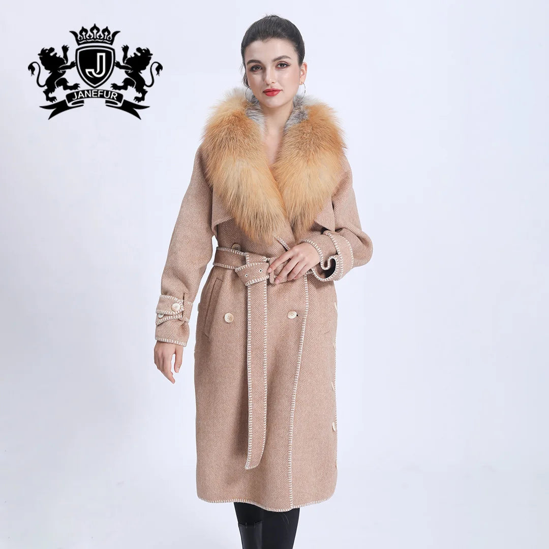 Women Long Overcoat Luxury Red Fox Fur Silver Fur Collar Wool Cashmere Fur Coat