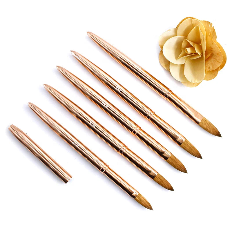 Socheal OEM Rose Gold Metal Handle Custom Logo 100% Pure Kolinsky Oval Hair Acrylic Nail Brush Crimped Size #2-#22 for Nail Art