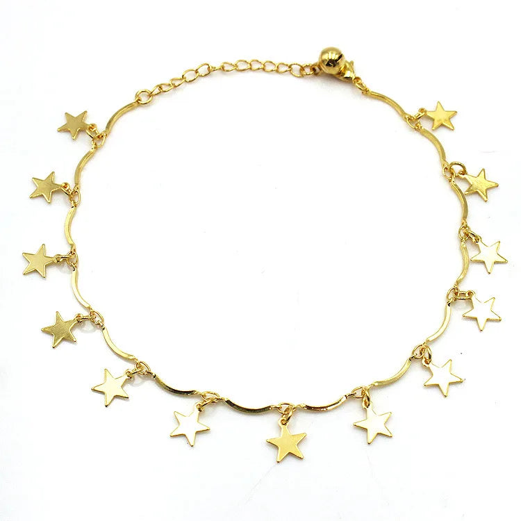 Fashion Trendy Korean Brass Alloy 18k Gold Five-point Star Bead Charm Dangles Anklet Tassels Foot Ankle Bracelet Jewelry